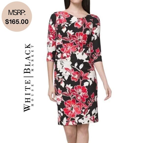 NWT WHITE HOUSE BLACK MARKET Black & Red Drape Neck Sheath Dress- Size 2 - Picture 1 of 15